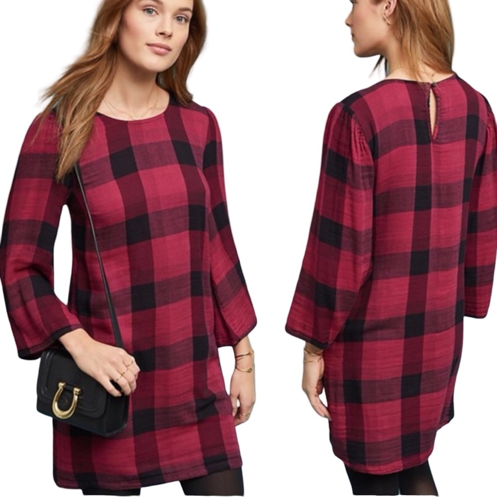 Anthropologie Cloth & Stone Red and Black Buffalo Plaid Cotton Blend Shirt Dress